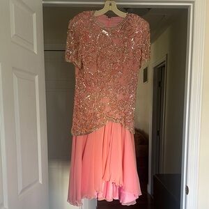 Oleg Cassini Pink Asymmetrical Dress with Gold Accents